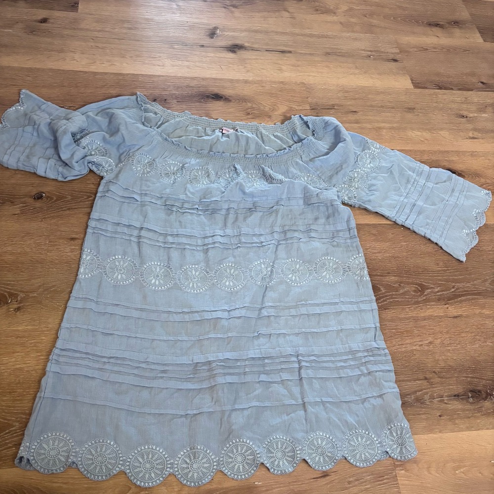 Calypso St Barth Womens XS Blue Cotton Embroidered Off Shoulder Tunic Dress